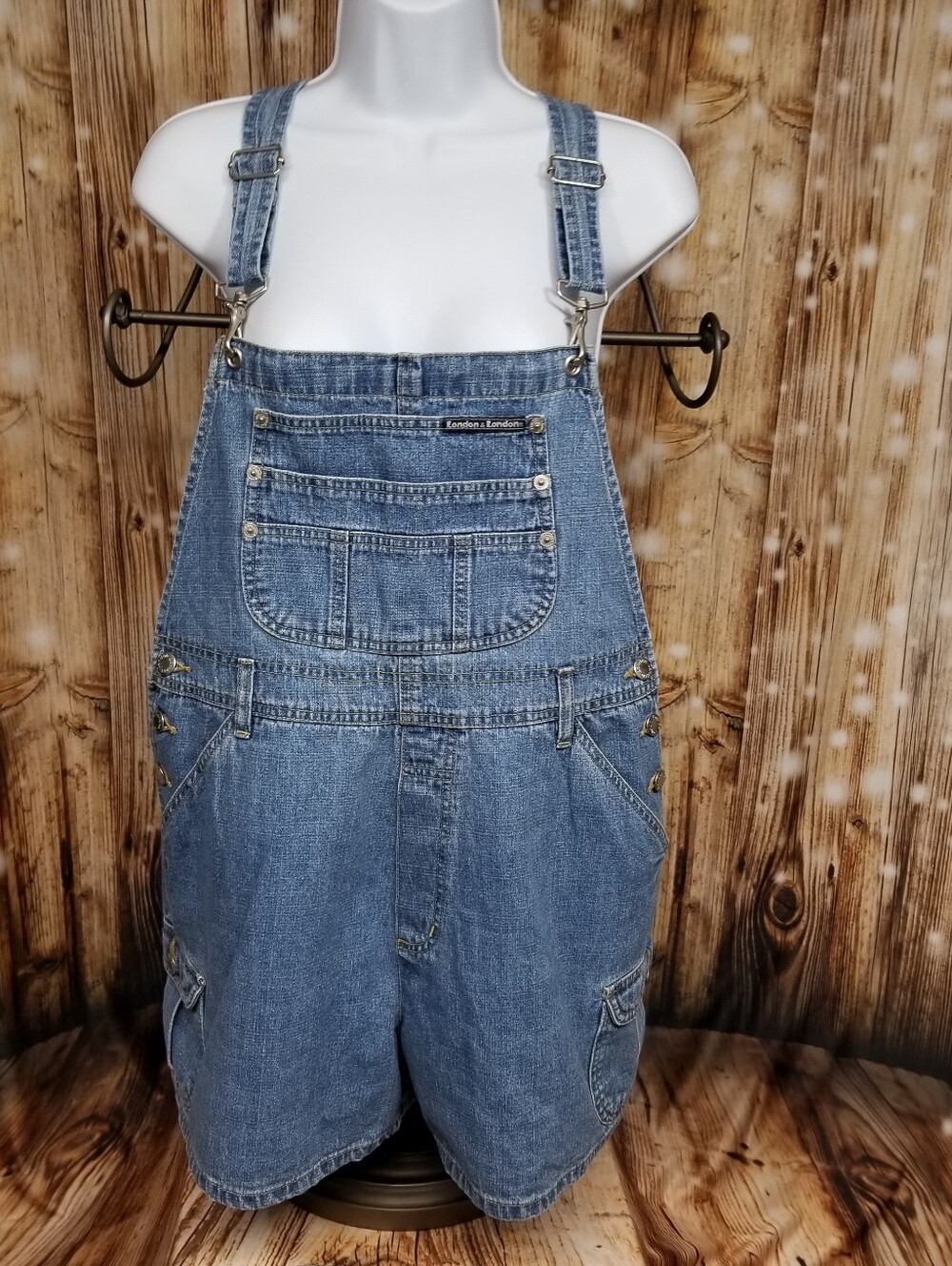 London & London VTG Medium Blue Wash Denim Women's Large Shortall Cargo Bibs